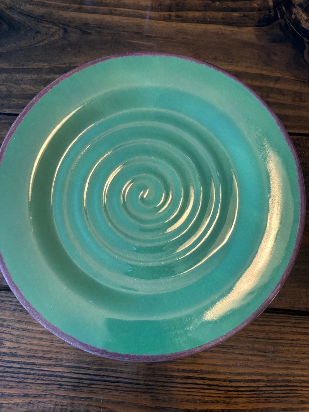 oHome Melamine Dinner Plate Turquoise Green Spiral Brown Rim